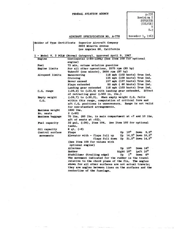 Culver Aircraft Corporation V, V2 1963 Revision 5 Aircraft Specification (A-778) 1
