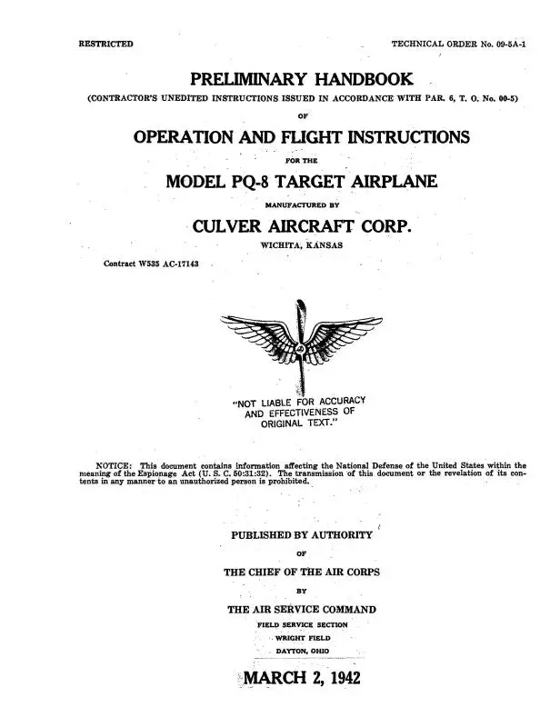 Culver Aircraft Corporation Pq-8 Target Airplane 1942 Operation & Flight Instructions (09-5A-1) 1