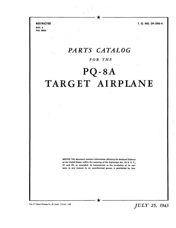 Culver Aircraft Corporation Pq-8 Target Airplane Illustrated Parts Catalog (09-5Fa-4) 1