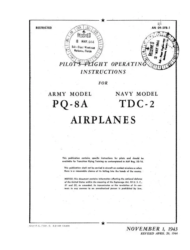 Culver Aircraft Corporation Pq-8A Army & Tdc-2 Navy 1943 Pilot's Flight Operating Instructions (09-5Fb-1) 1