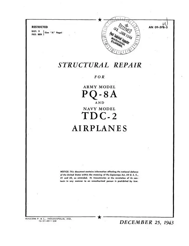 Culver Aircraft Corporation Pq-8A Army & Tdc-2 Navy 1943 Structural Repair (09-5Fb-3) 1