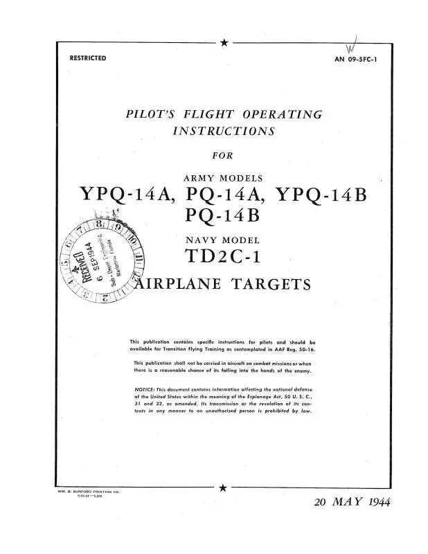 Culver Aircraft Corporation Ypq-14A,B & Pq-14A,B Army Pilot's Flight Operating Instructions (09-5Fc-1) 1