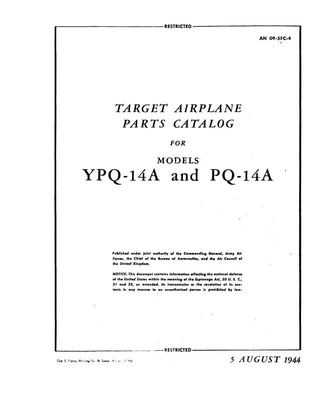 Culver Aircraft Corporation Ypq-14A & Pq-14A 1944 Parts Catalog (09-5Fc-4) 1