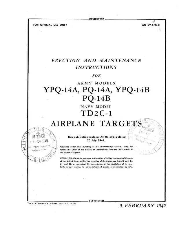 Culver Aircraft Corporation Ypq-14A,B & Pq-14A,B Army Erection & Maintenance Instructions (09-5Fc-2) 1