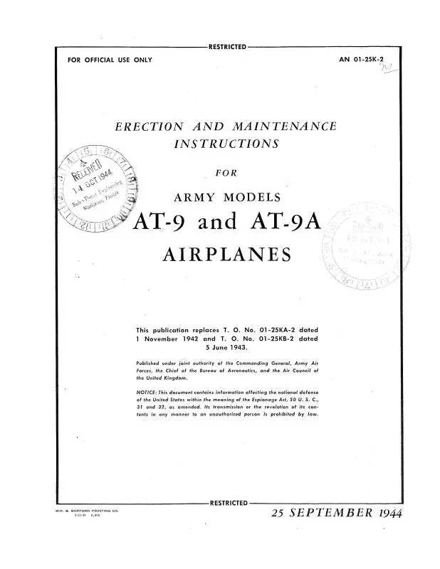 Curtiss-Wright At-9 & At-9A 1944 Erection & Maintenance Instructions (01-25K-2) 1