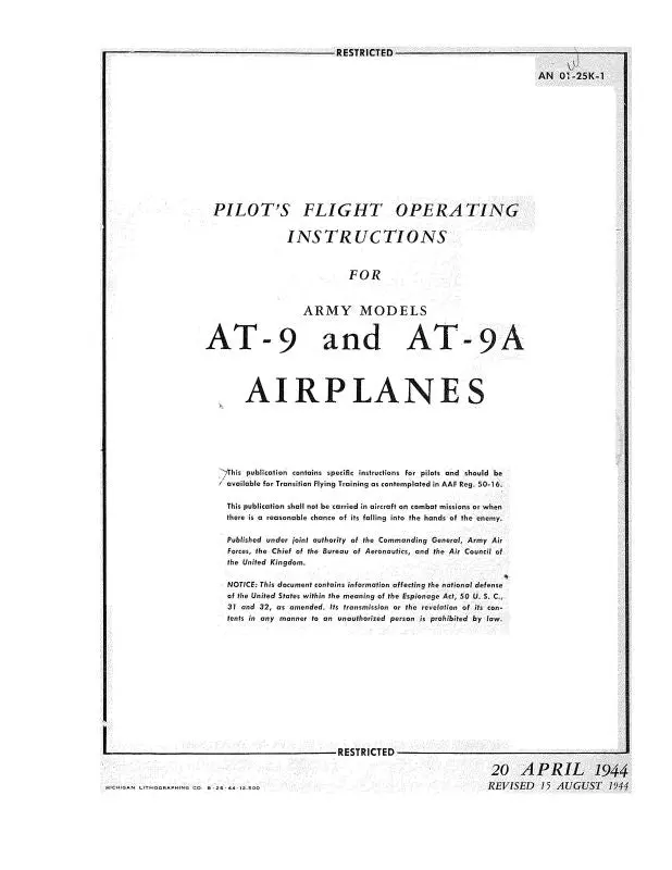 Curtiss-Wright At-9 & At-9A 1944 Pilot's Flight Operating Instructions (01-25K-1) 1