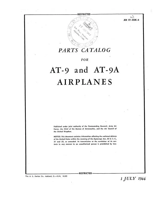 Curtiss-Wright At-9 & At-9A 1944 Parts Catalog (01-25K-4) 1