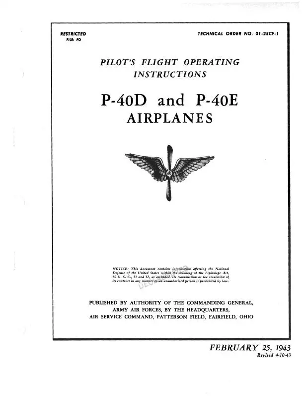 Curtiss-Wright P-40D & P-40E 1943 Pilot's Flight Operating Instructions (01-25Cf-1) 1