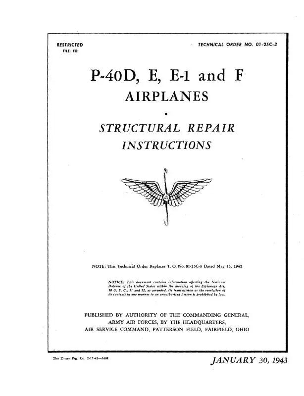 Curtiss-Wright P-40D, E, E-1 & F 1943 Structural Repair Instructions (01-25C-3) 1