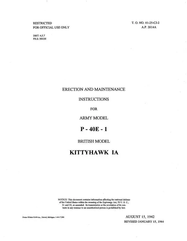 Curtiss-Wright P-40E-1 Army 1942 Erection & Maintenance Instructions (01-25Cj-2) 1