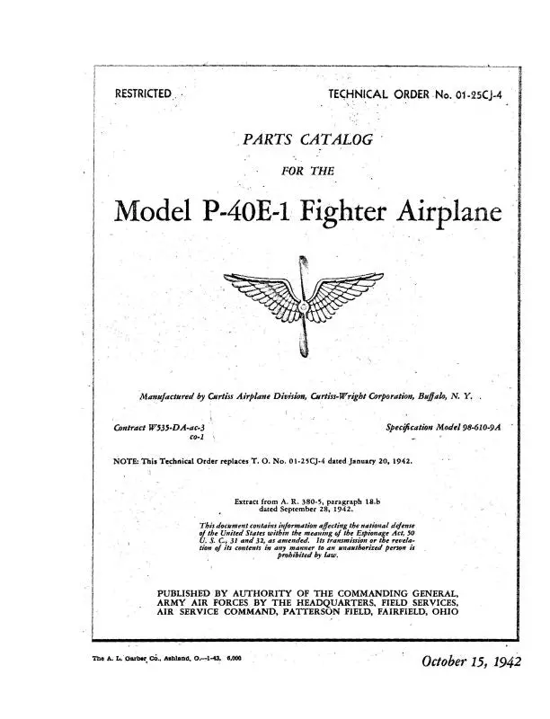 Curtiss-Wright P-40E-1 Fighter Airplane 1942 Parts Catalog (01-25Cj-4) 1
