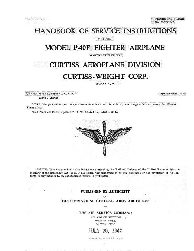 Curtiss-Wright P-40F 1942 Maintenance Instructions (01-25Ch-2-M) 1