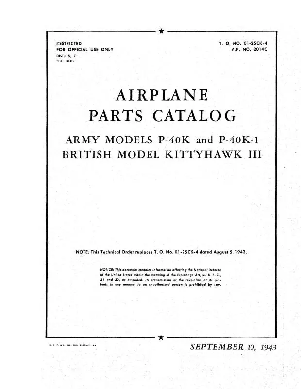 Curtiss-Wright P-40K & P-40K-1 Army 1943 Parts Catalog (01-25Ck-4) 1