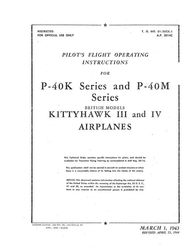 Curtiss-Wright P-40K & P-40M 1943 Pilot's Flight Operating Instructions (01-25Ck-1) 1