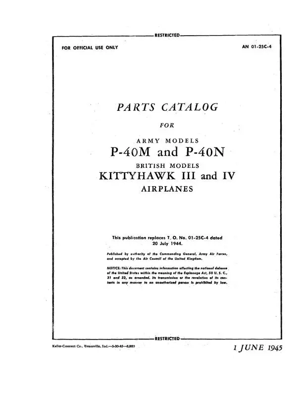 Curtiss-Wright P-40M, P-40N 1945 Parts Catalog (01-25C-4) 1