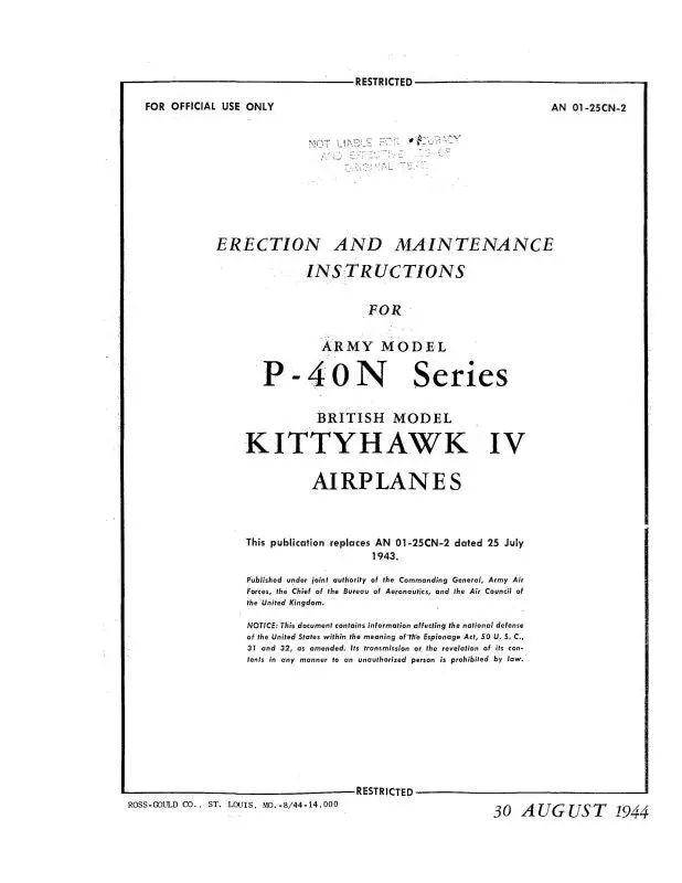Curtiss-Wright P-40N Army 1944 Erection & Maintenance Instructions (01-25Cn-2) 1