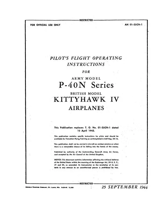 Curtiss-Wright P-40N Army 1944 Pilot's Flight Operating Instructions (01-25Cn-1) 1
