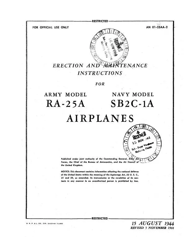 Curtiss-Wright Ra-25A Army 1944 Erection & Maintenance Instructions (01-25Aa-2) 1