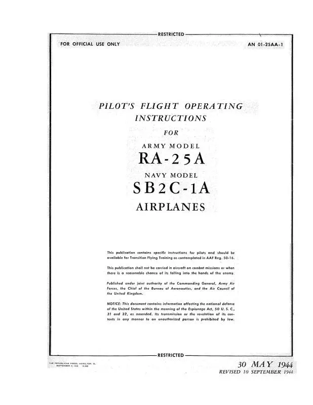 Curtiss-Wright Ra-25A Army 1944 Pilot's Flight Operating Instructions (01-25Aa-1) 1