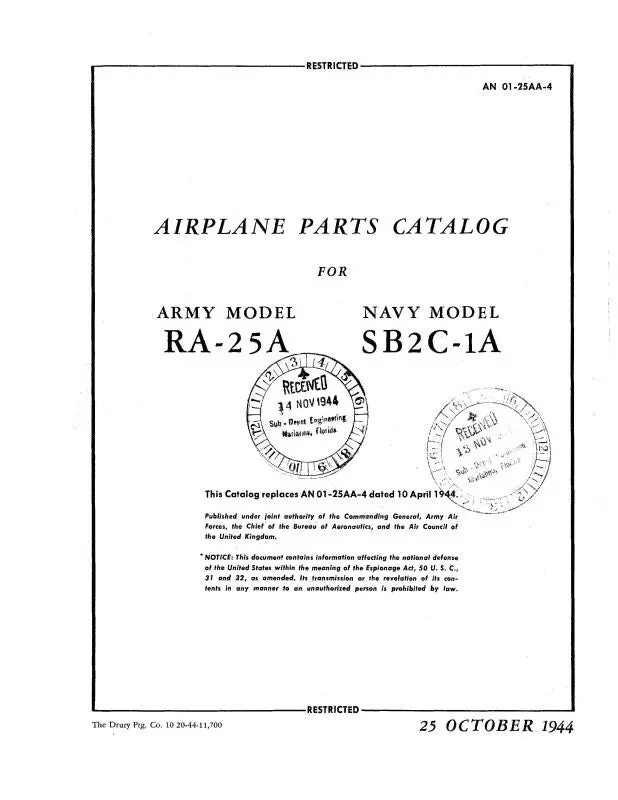 Curtiss-Wright Ra-25A Army 1944 Airplane Parts Catalog (01-25Aa-4) 1