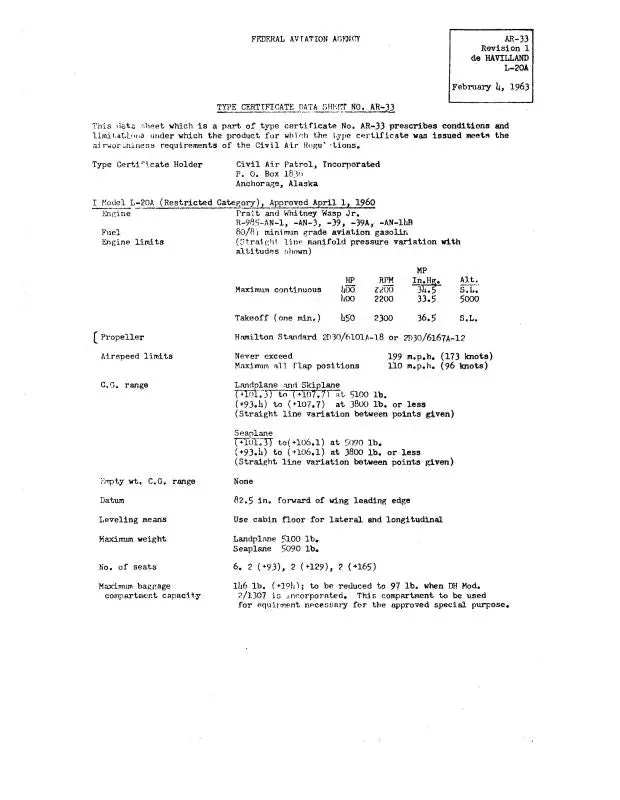 Dehavilland L-20A Beaver 1963 Aircraft Specification (Ar-33) 1