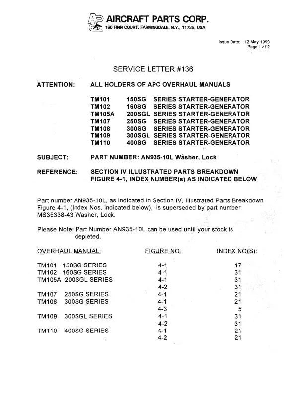 Aircraft Parts Corp. Starter-Generator 1979 Overhaul & Parts With Service Letters, Bulletins Tm101 (A2150sg111q-Oh) 1