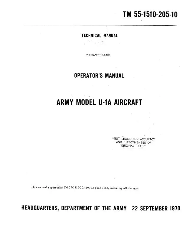 Dehavilland U-1A Army Model 1970 Operator's Manual (Tm-55-1510-205-) 1