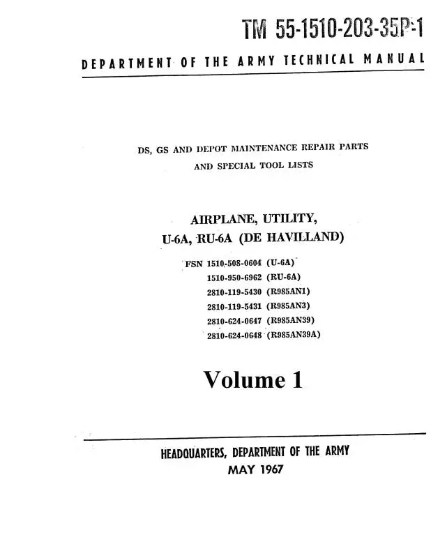 Dehavilland U-6A, Ru-6A Beaver 1967  Depot Maintenance Repair Parts & Special Tools Vol 1 (55-1510-203-35P) 1