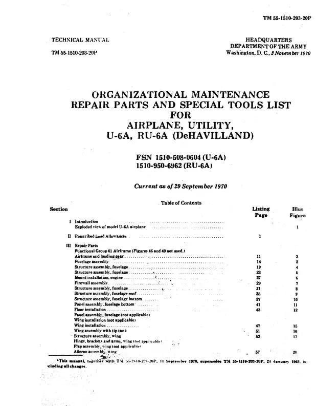 Dehavilland U-6A, Ru-6A Army Model 1970 Organizational Maintenance Repair Parts, Tools List (55-1510-203-20P) 1
