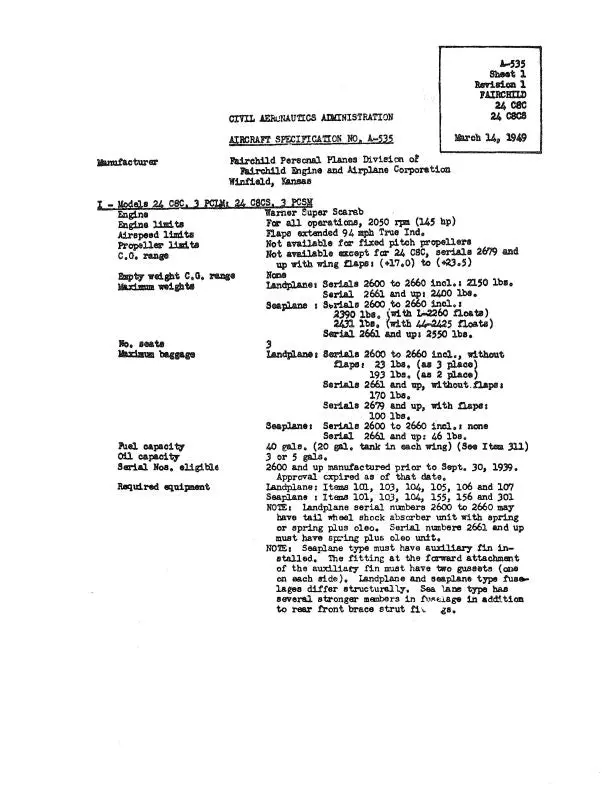 Fairchild 24C8c & 24C8cs 1949 Aircraft Specification (Spec.-No.-A-535) 1