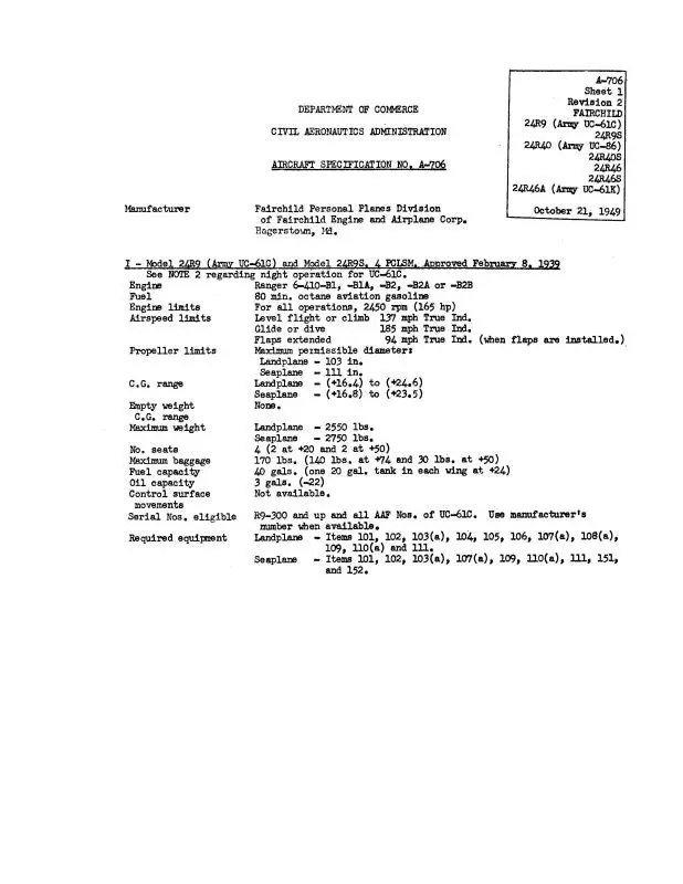 Fairchild 24R9,S (Army Uc-61C) 1949 Aircraft Specification (Spec.-No.-A-706) 1
