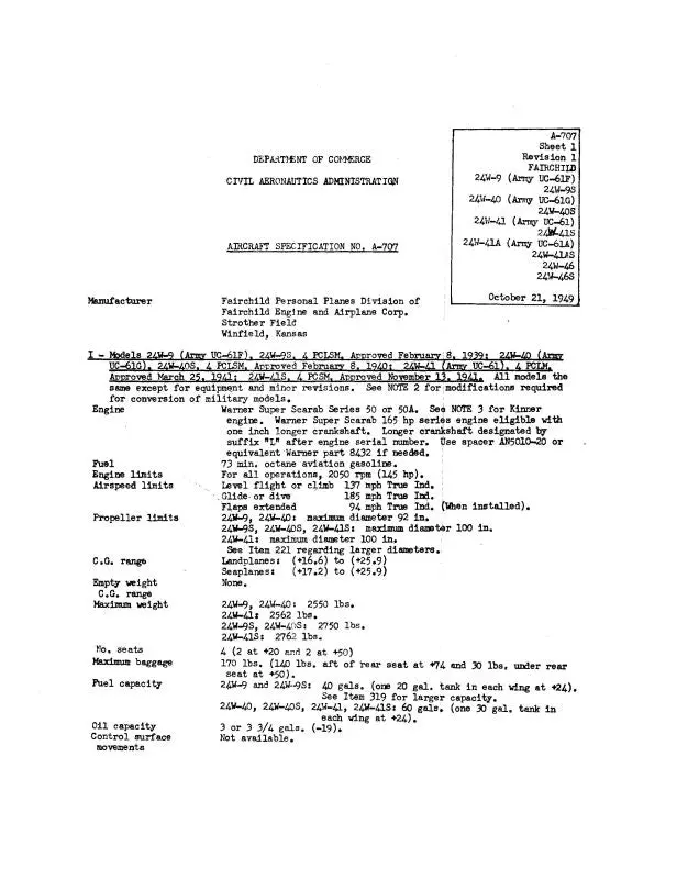 Fairchild Revision 1 1949 Aircraft Specification (Spec.-No.-A-707) 1