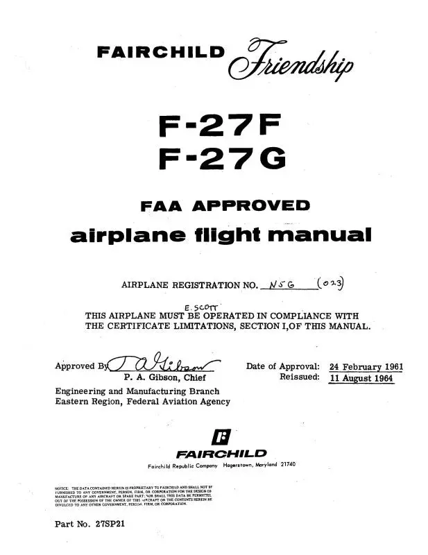 Fairchild F-27F,F-27G 1964 Flight Manual (27Sp21) 1