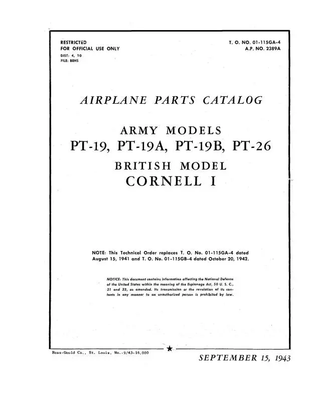 Fairchild Pt-19,A,B,Pt-23,-26 1943 Parts Catalog (01-115Ga-4) 1