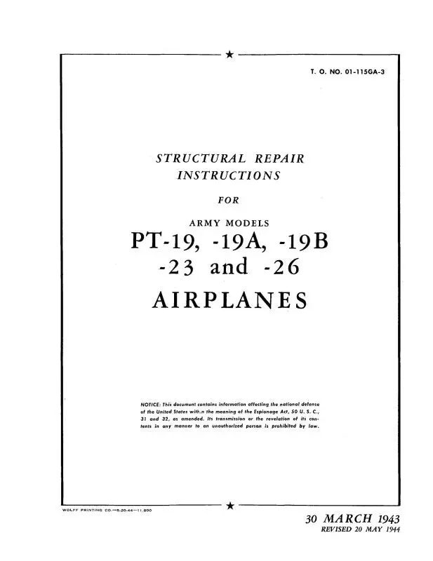 Fairchild Pt-19,A,B,Pt-23,-26 1943 Structural Repair (01-115Ga-3) 1