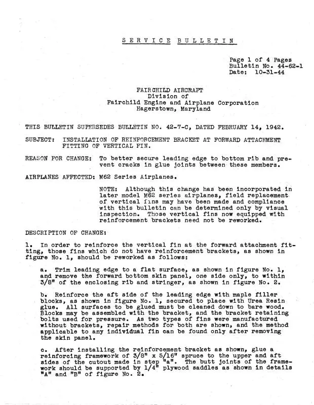 Fairchild Pt-19,A,B,Pt-23,-26 1943 Service Letters, Bulletins (47-62-1) 1
