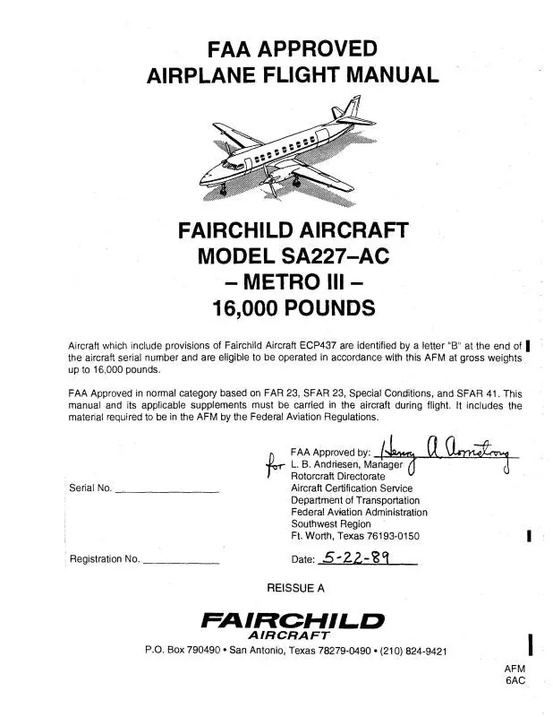 Fairchild Sa227-Ac Metro Iii 1989 Flight Manual (Fcsa227ac) 1