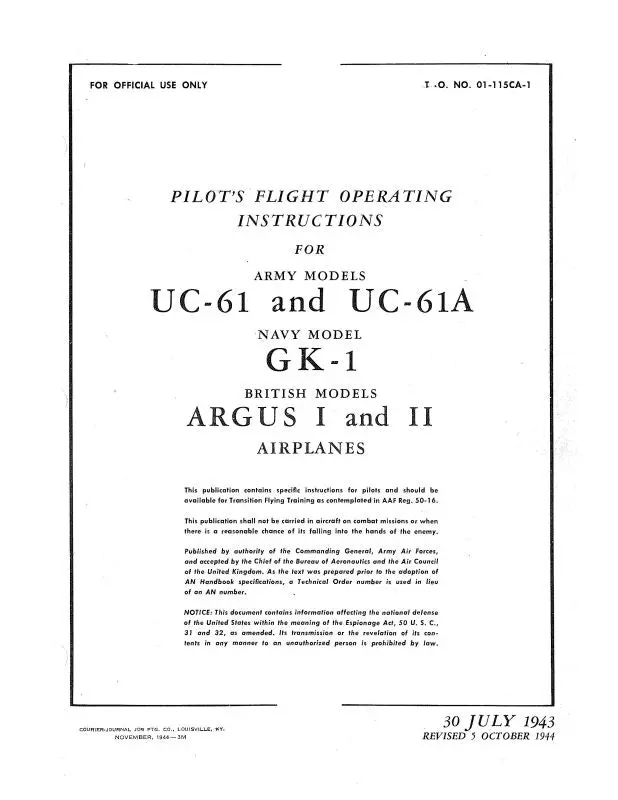 Fairchild Uc-61,61A Army 1943 Pilot's Flight Operating Instructions (01-115Ca-1) 1
