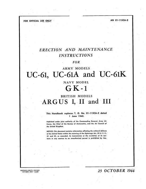 Fairchild Uc-61,61A,61K Army Model 1944 Maintenance & Erection (01-115Ca-2) 1