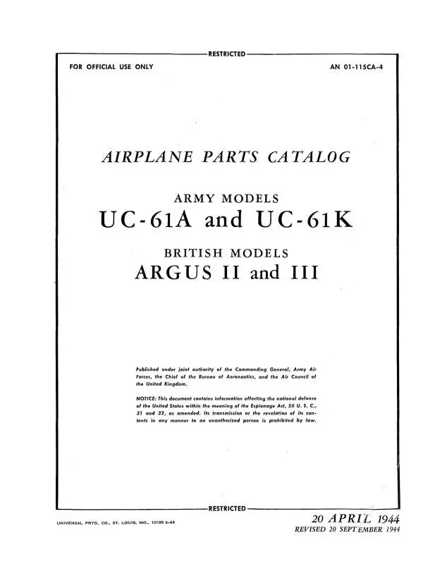 Fairchild Uc-61A & Uc-61K Army Model 1944 Parts Catalog (01-115Ca-4) 1