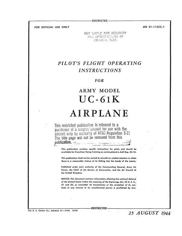 Fairchild Uc-61K Army Model 1944 Flight Operating Instructions (01-115Cc-1) 1
