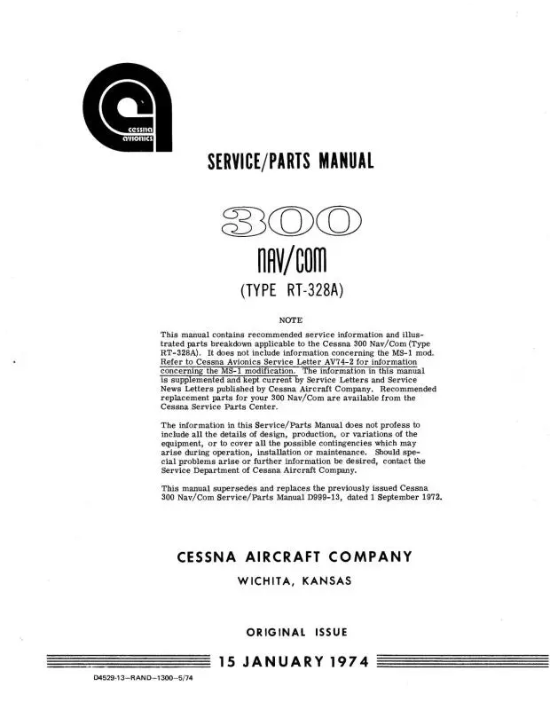 Cessna 300 Nav-Comm Rt-328A 1974 Maintenance & Parts Manual (D4529-13) 1