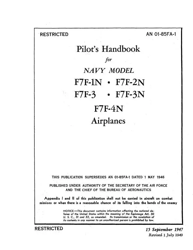 Grumman F7f-1N,2N,3,3N,4N 1947 Pilot's Handbook (01-85Fa-1) 1