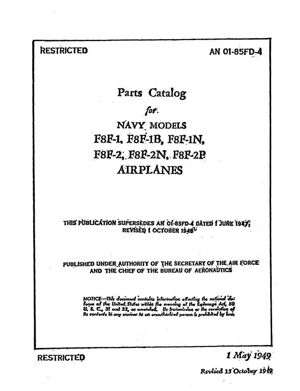 Grumman F8f Bearcat 1949 Parts Catalog (An01-85Fd-4) 1