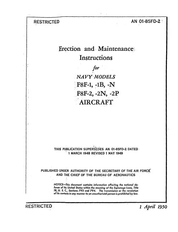 Grumman F8f-1,1B,1N,2,2N,2P 1950 Maintenance Manual (01-85Fd-2) 1