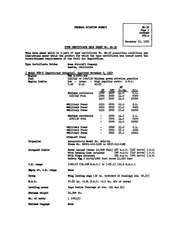 Grumman F8f-2 Bearcat 1959 Aircraft Specification (Grf8f2-59-Specc) 1