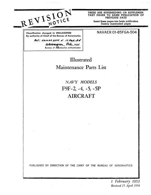 Grumman F9f-2,4,5,5P  1954 Illustrated Parts (01-85Fga-504) 1
