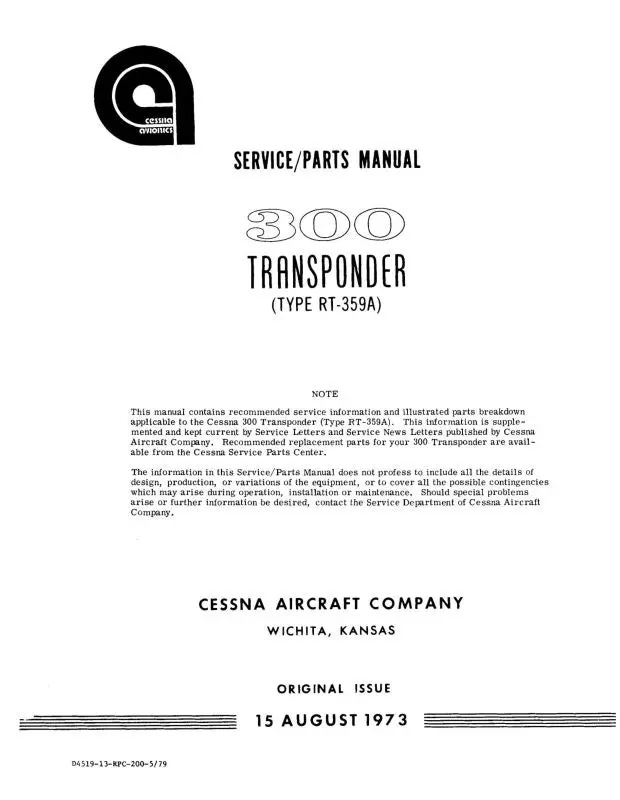 Cessna 300 Transponder Rt-359A 1973 Maintenance-Parts (D4519-13) 1