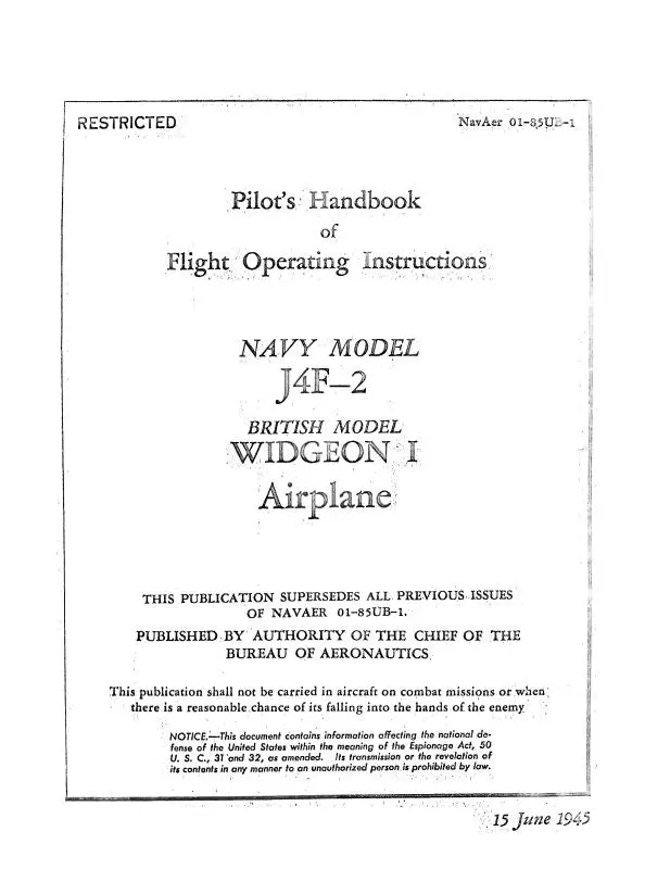 Grumman J4f-2 Widgeon 1945 Pilot's Handbook Of Flight Operating Instructions (01-85Ue-1) 1