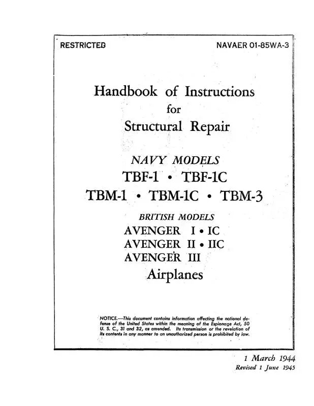 Grumman Tbf-1,1C,Tbm-1,1C,3 1944 Structural Repair (01-85Wa-3) 1